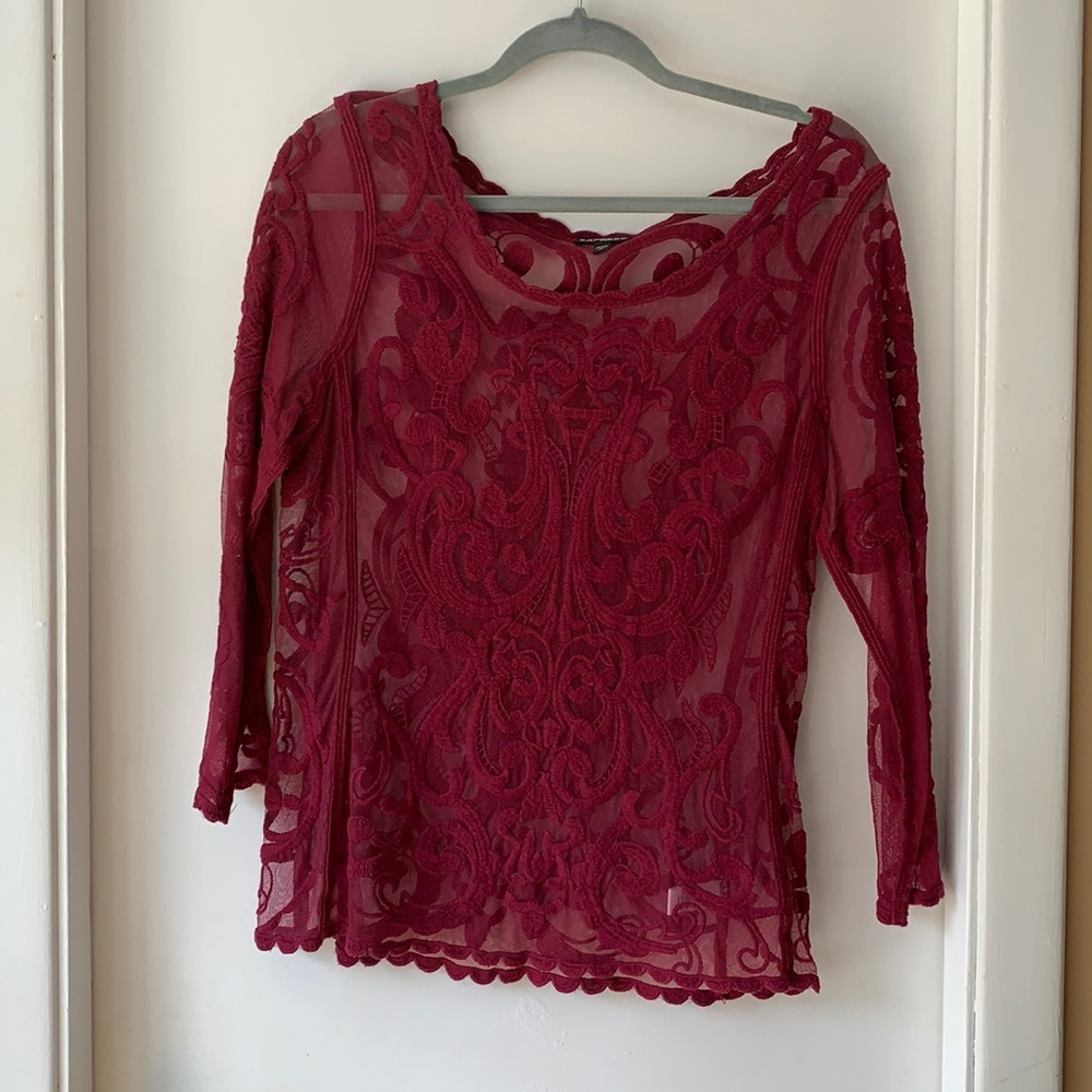 Maroon lace top with 3/4 length sleeves, size small